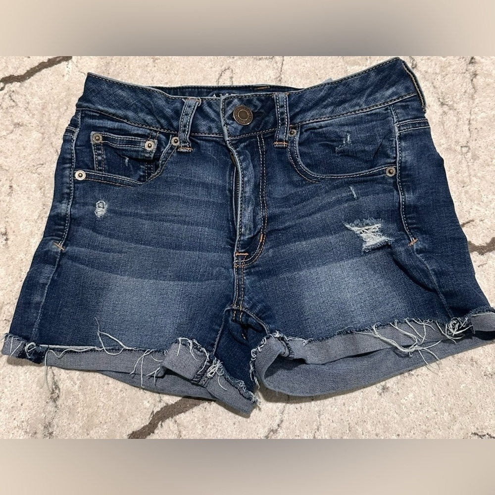 American Eagle Outfitters High waisted Stretch Dark Blue Jean Shorts Size 2